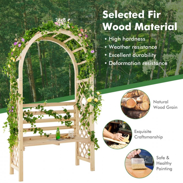 Wooden garden bench arch pergola made of fir wood, featuring a high backrest and climbing trellis for outdoor.