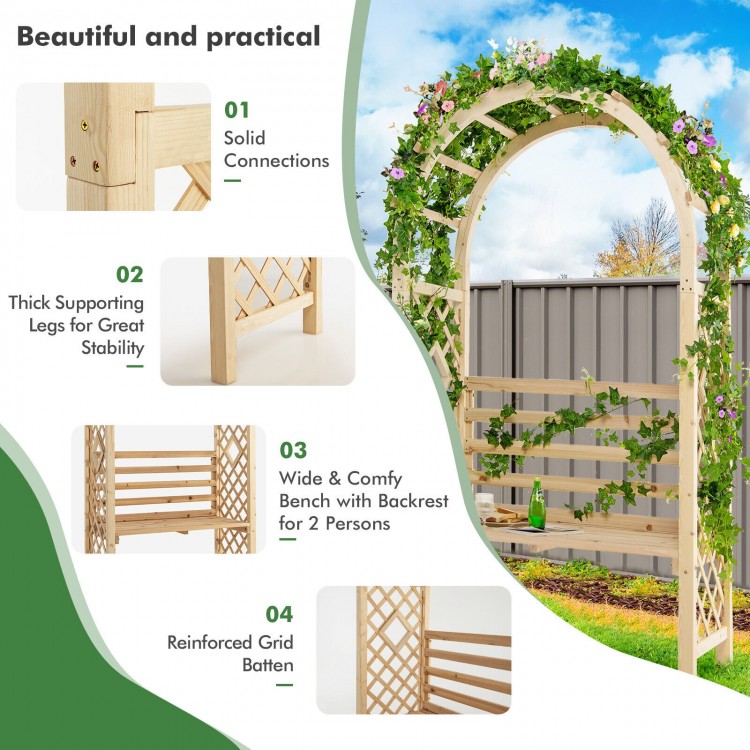Wooden garden bench arch pergola with climbing trellis, solid fir wood, and high backrest for outdoor relaxation.