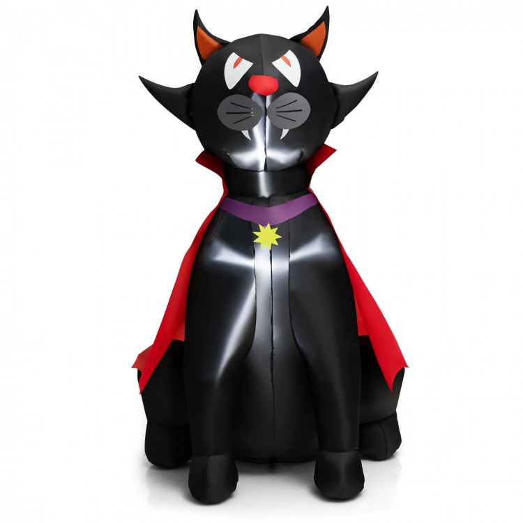 Vampire cat inflatable decoration with red cloak, LED lights, and durable polyester fabric for Halloween yard display.