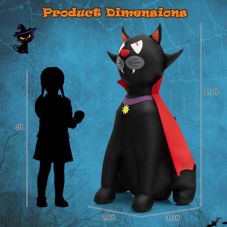 Black inflatable vampire cat with red cloak, 4.7 feet tall, featuring LED lights for Halloween yard decoration.