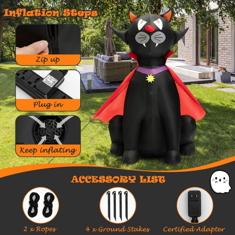 4.7 feet Halloween inflatable vampire cat with red cloak, LED lights, and durable polyester fabric for outdoor.