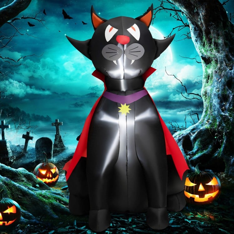 Halloween inflatable vampire cat with red cloak, 4.7 feet tall, features LED lights for spooky outdoor decoration.