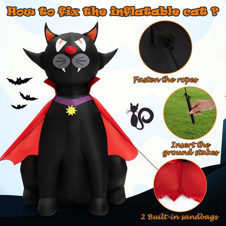 4.7 feet Halloween inflatable vampire cat in a red cloak, featuring LED lights and sandbags for stability, perfect for.