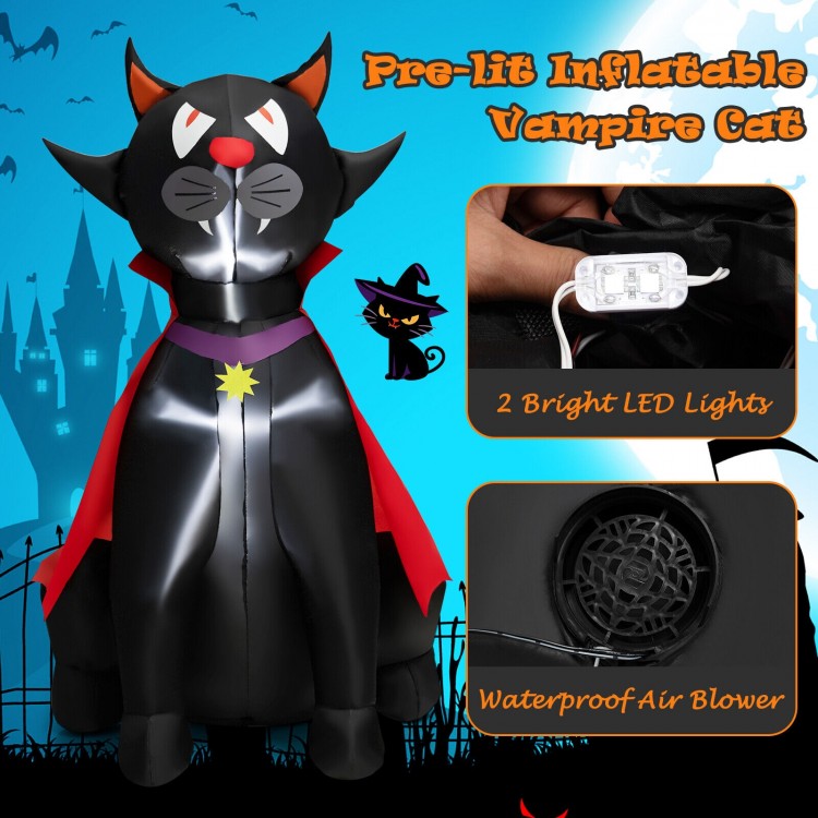 Inflatable 4.7 feet vampire cat with red cloak, featuring LED lights, for Halloween yard decoration and spooky ambiance.