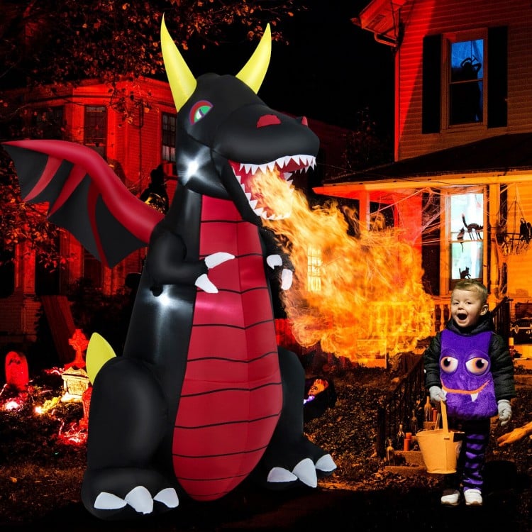 8FT Halloween inflatable fire dragon decoration with LED lights, perfect for yard and party, featuring spooky design.