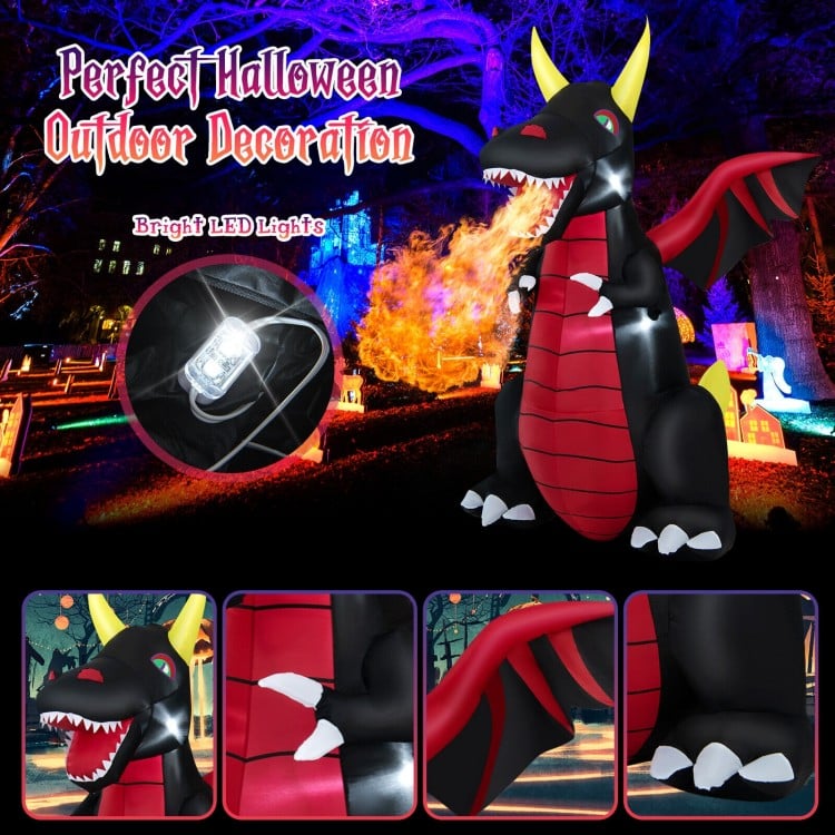 8FT Halloween inflatable fire dragon decoration with LED lights, featuring a spooky design for outdoor yard display.