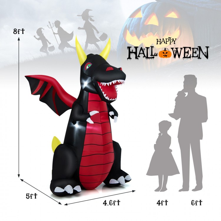 8FT Halloween inflatable fire dragon decoration with LED lights, featuring waterproof fabric for yard and party use.