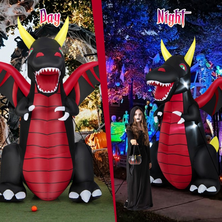 8FT Halloween inflatable fire dragon decoration with LED lights, showcasing spooky features for yard and party use.
