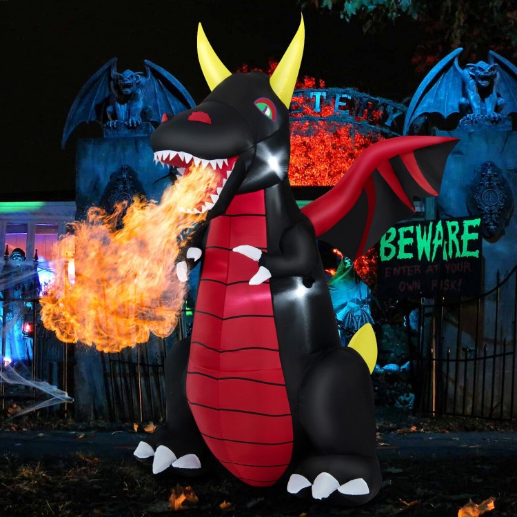 8FT Halloween inflatable fire dragon decoration with LED lights, featuring a spooky design for yard and party decor.
