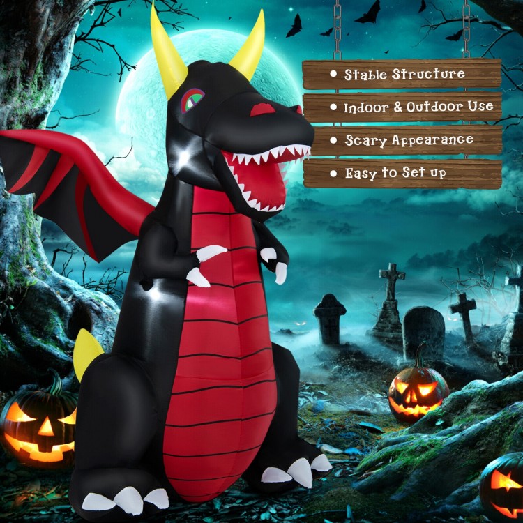 8FT Halloween inflatable fire dragon decoration with LED lights, featuring a spooky appearance for indoor and outdoor.