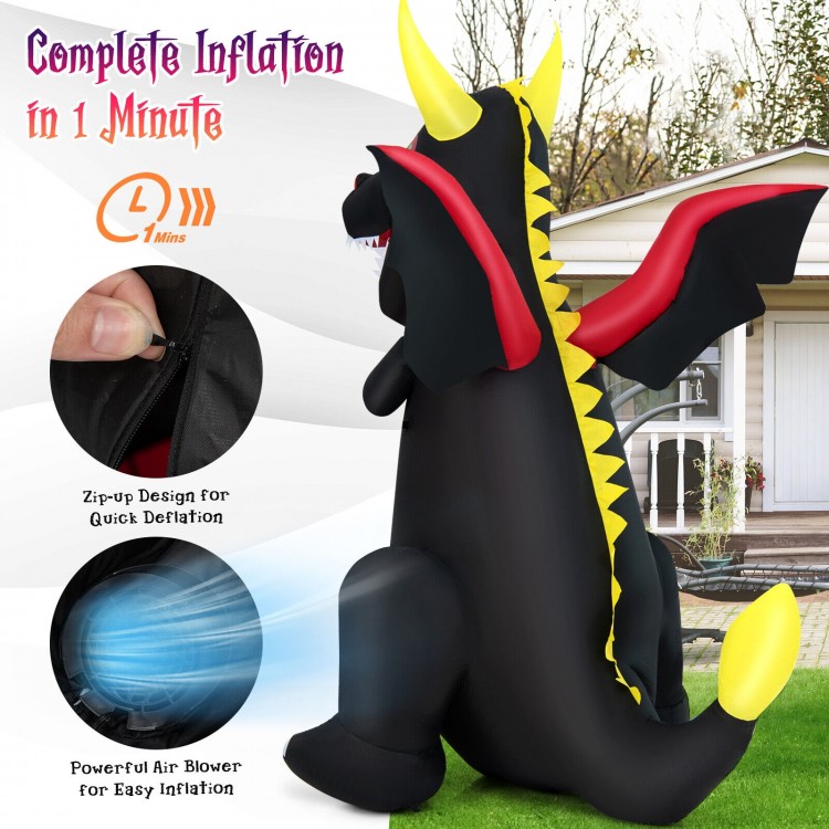 8-foot Halloween inflatable fire dragon decoration with LED lights, waterproof fabric, and quick inflation for yard.