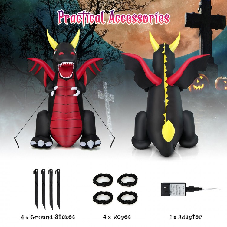 8FT inflatable Halloween fire dragon decoration with LED lights, featuring waterproof fabric and stability accessories.