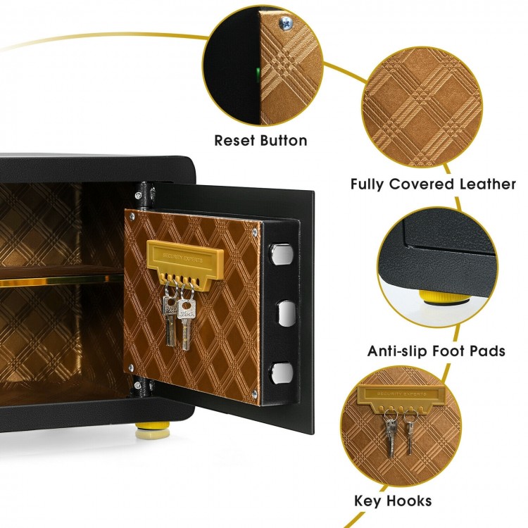 Interior view of the fireproof waterproof electronic safe box showing key hooks, reset button, and leather-covered.