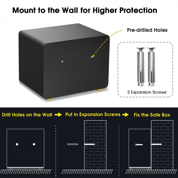 1.0 cu ft fireproof waterproof electronic safe box with digital keypad, featuring pre-drilled holes for wall mounting.