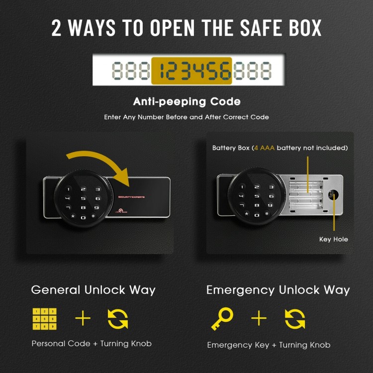 Digital keypad and key access of the 1.0 cu ft fireproof waterproof electronic safe box for secure storage.