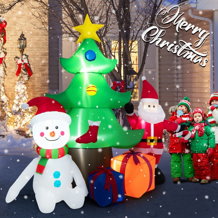Inflatable 7.2 feet Christmas tree with Santa, snowman, and gift boxes, featuring bright LED lights for festive outdoor.