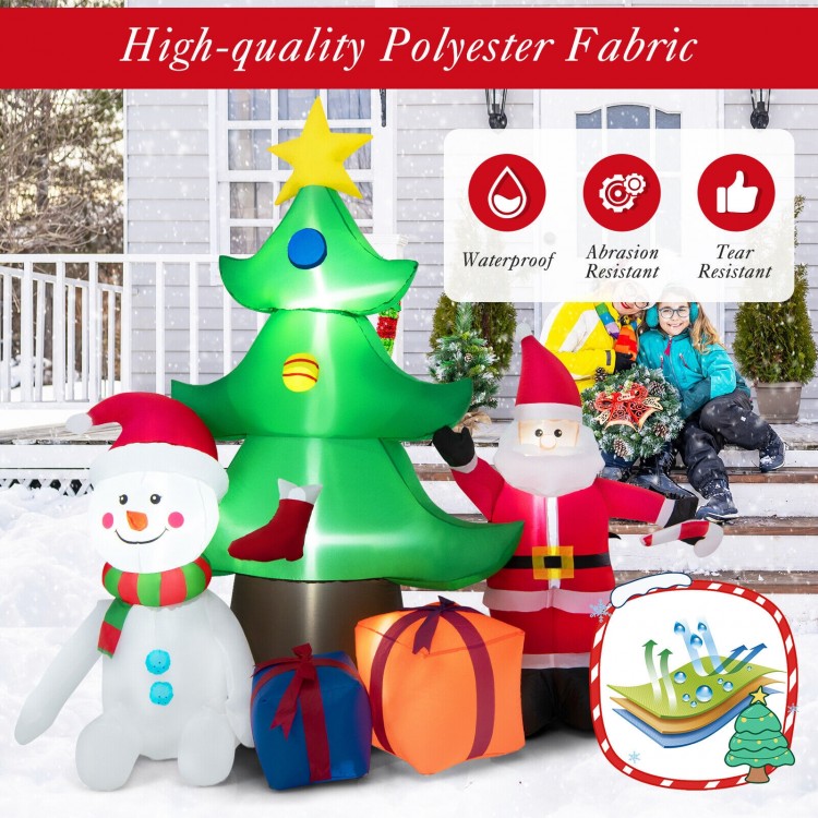 Inflatable 7.2 feet Christmas tree with Santa, snowman, and gift boxes, made of waterproof polyester for outdoor.