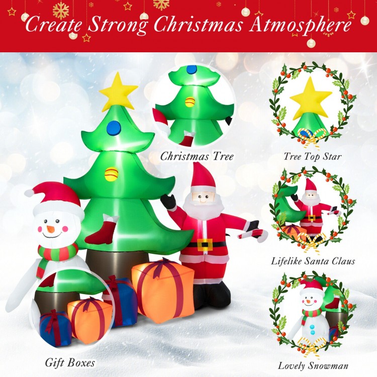 Inflatable 7.2 feet Christmas decoration featuring a tree, Santa Claus, snowman, and gift boxes for festive outdoor.