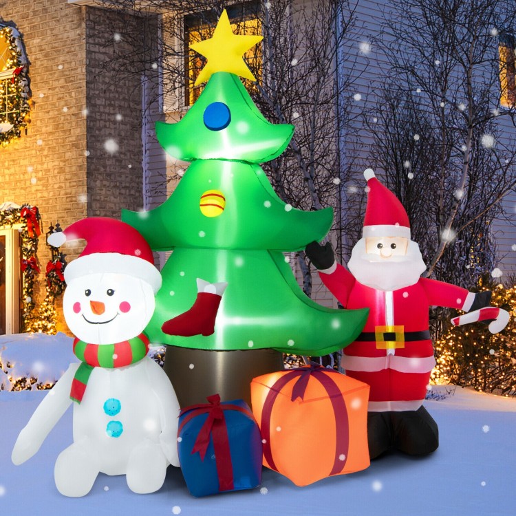 Inflatable 7.2 feet Christmas tree with Santa Claus, snowman, and gift boxes, featuring bright LED lights for festive.