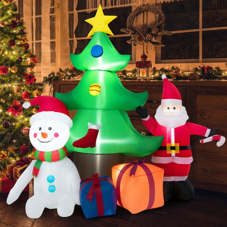 Inflatable snowman and Santa Claus with colorful gift boxes, perfect for creating a joyful holiday atmosphere outdoors.