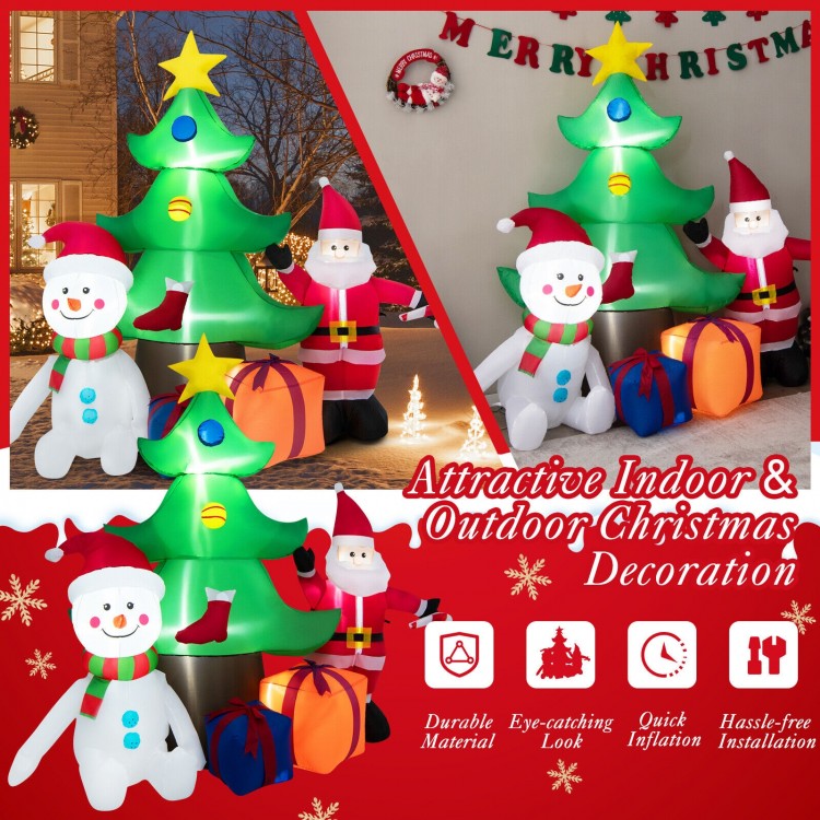 7.2 feet inflatable Christmas decoration featuring Santa, snowman, and tree with LED lights for festive outdoor display.