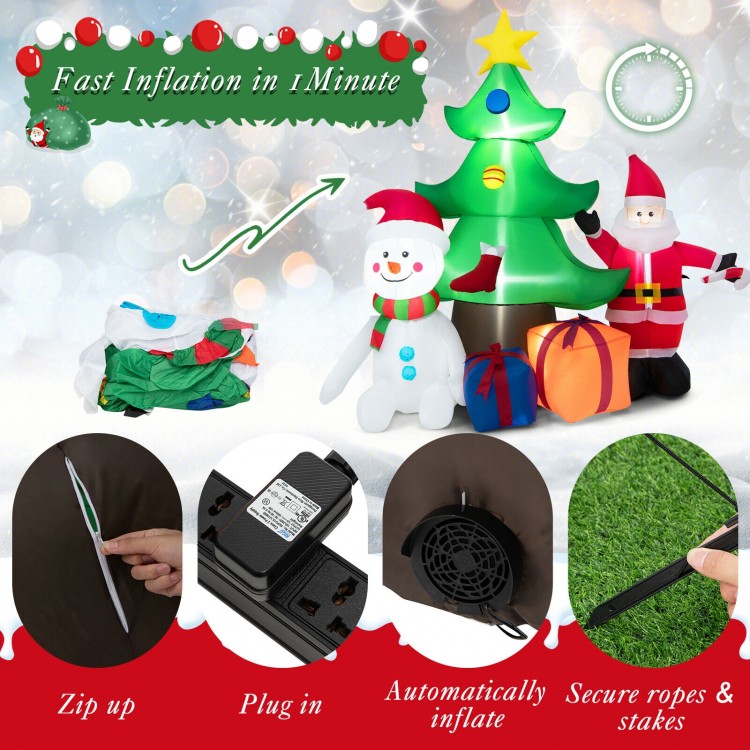 7.2 feet inflatable Christmas tree with Santa, snowman, and gift boxes, featuring bright LED lights for festive outdoor.
