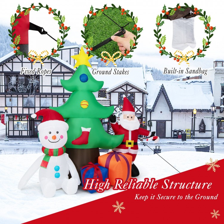 7.2 feet inflatable Christmas tree with Santa, snowman, and gift boxes, featuring LED lights for festive outdoor decor.