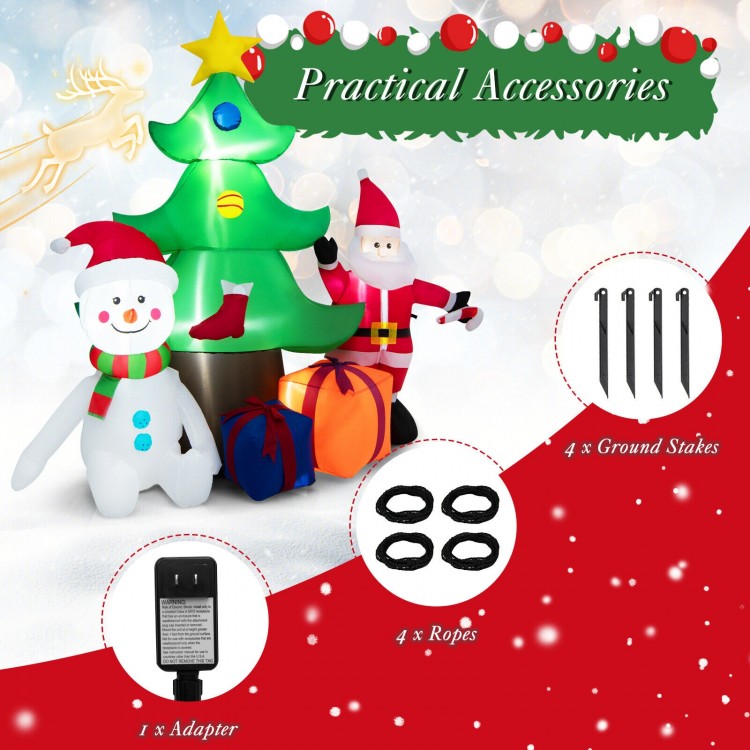 Inflatable 7.2 feet Christmas tree with Santa, snowman, and gifts, featuring bright LED lights for festive outdoor.