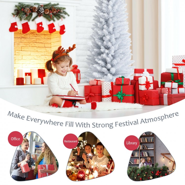 Slim 6-foot unlit white Christmas tree with 340 PVC branch tips and sturdy metal stand, perfect for festive decoration.