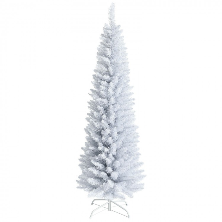 Slim 6-foot unlit white artificial Christmas tree with 340 PVC branch tips and a sturdy metal stand for elegant holiday.