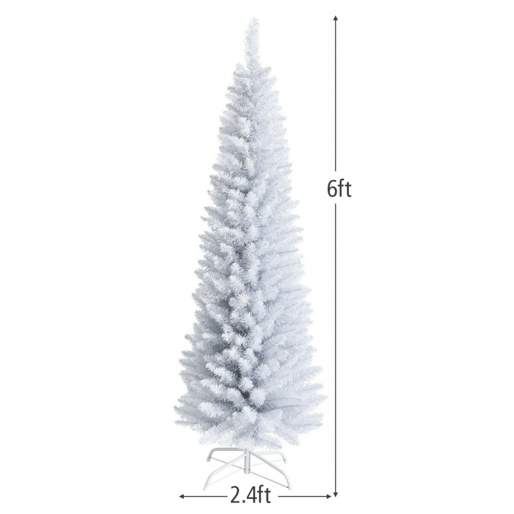 Slim 6ft white artificial Christmas tree with 340 PVC branch tips and sturdy metal stand, perfect for limited spaces.