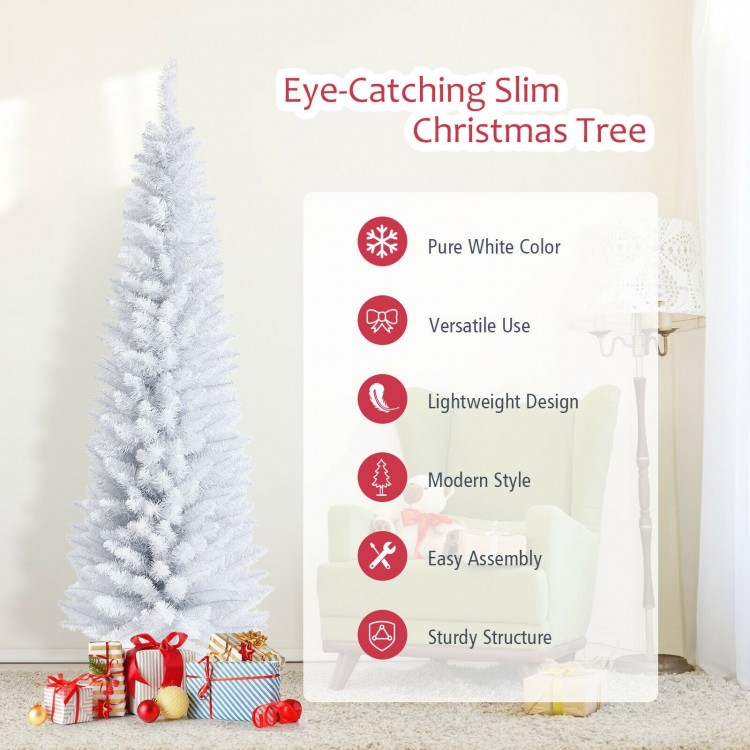 Slim 6 feet white artificial Christmas tree with 340 PVC branch tips and sturdy metal stand, perfect for limited spaces.