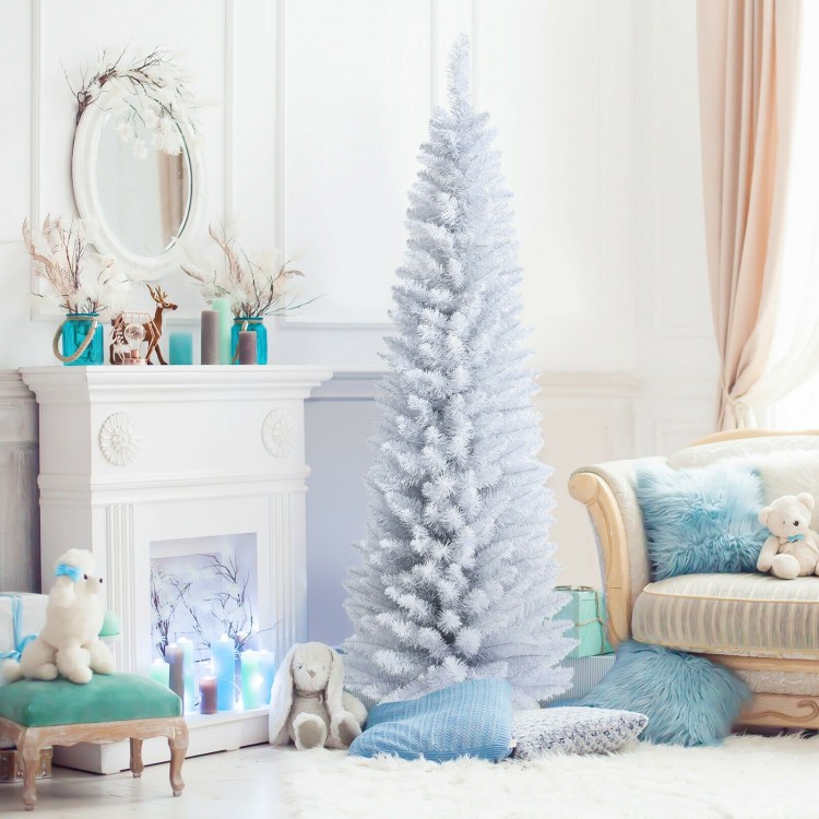 Slim 6 feet unlit white Christmas tree with 340 PVC branch tips, perfect for limited spaces and festive decoration.