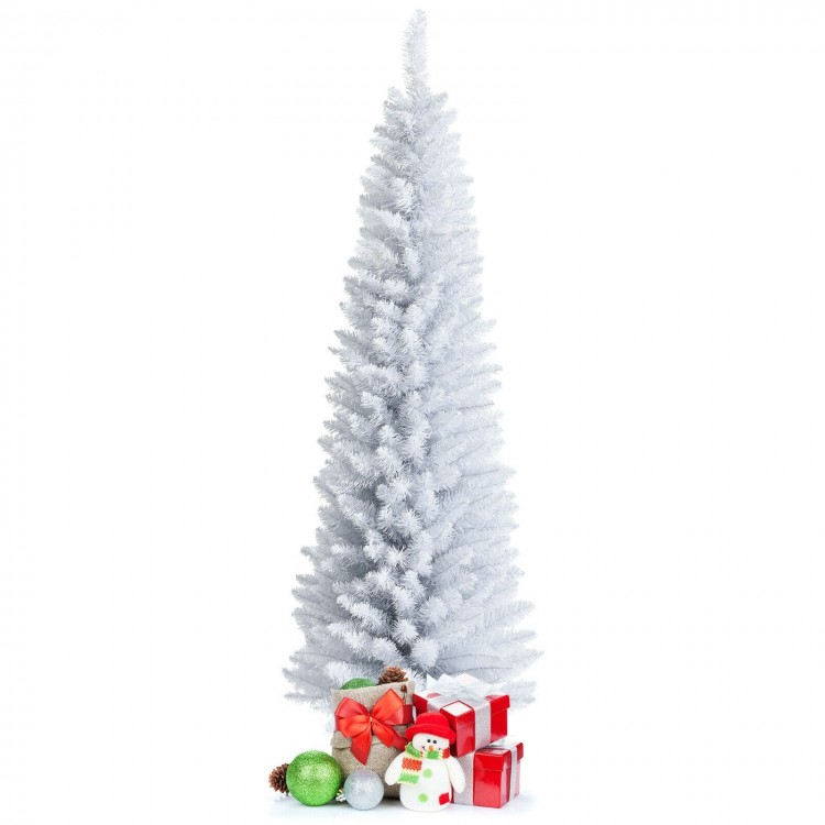Slim 6-foot white artificial Christmas tree with 340 PVC tips and metal stand, perfect for limited spaces and festive.