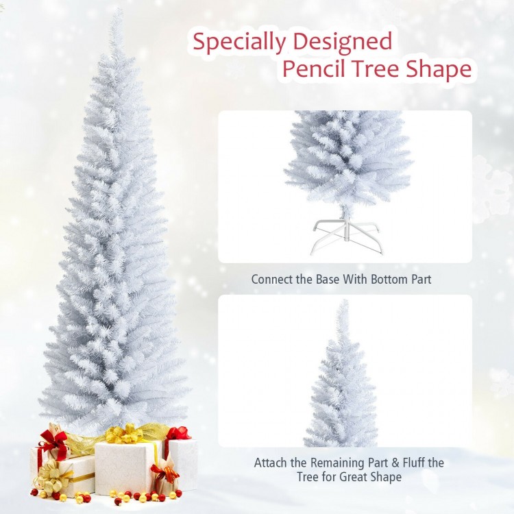 Slim white 6-foot artificial Christmas tree with 340 PVC branch tips and a sturdy metal stand, perfect for limited.