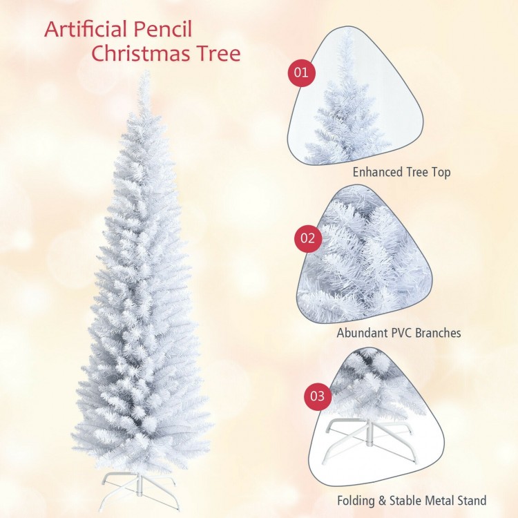 6-foot slim white artificial Christmas tree with 340 PVC branch tips and a stable folding metal stand for elegant decor.