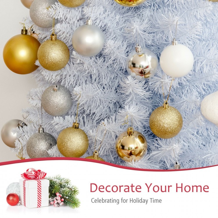 Slim white artificial Christmas tree with 340 PVC branch tips and metal stand, perfect for elegant holiday decoration.