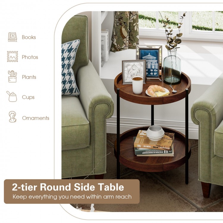 2-tier round side table with a rustic design, featuring a sturdy steel frame and ample storage for living room.