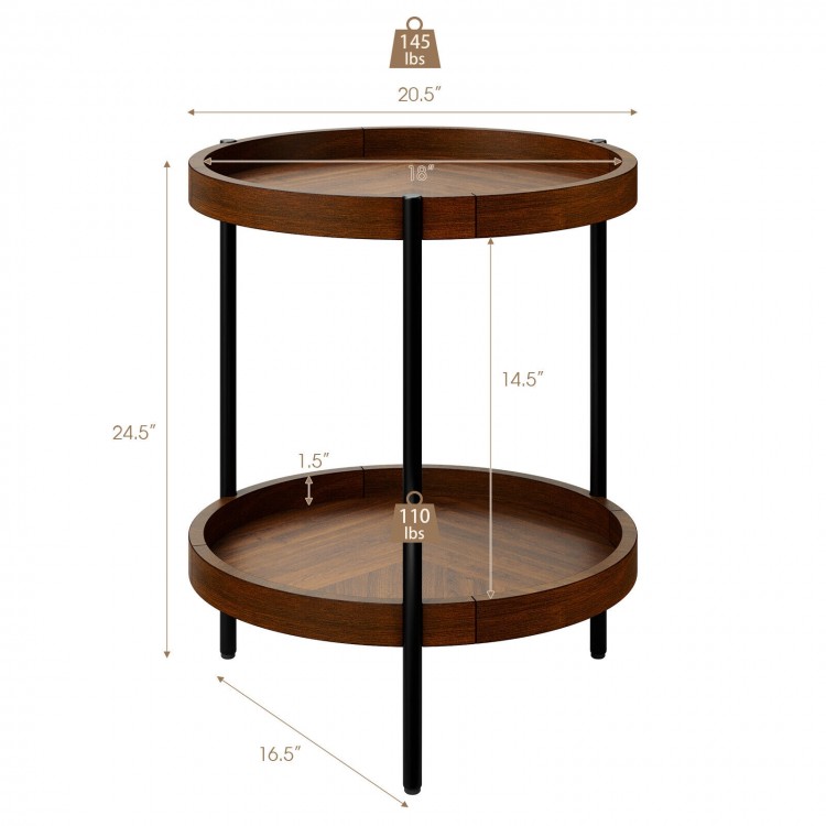2-tier retro end table with a sturdy steel frame and rustic design, perfect for living room or bedroom storage.