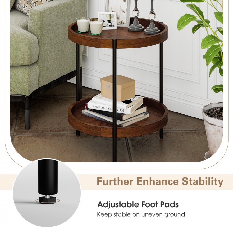 2-tier retro end table with a sturdy steel frame and adjustable foot pads, perfect for living room or bedroom use.
