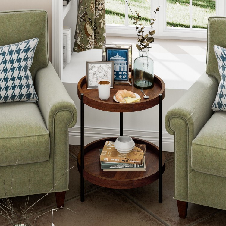 2-tier retro end table with a sturdy steel frame, featuring a rustic design, perfect for living room or bedroom use.