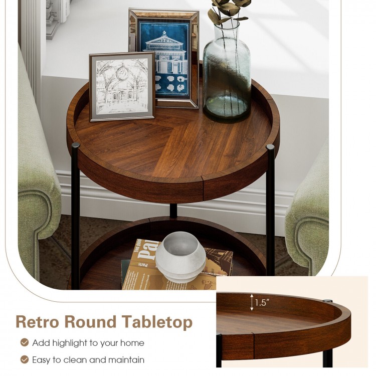 2-tier retro end table with a smooth wooden tabletop and sturdy steel frame, perfect for living room or bedroom use.