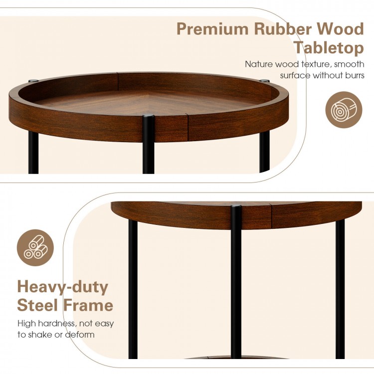 2-tier retro end table with premium rubber wood tabletop and heavy-duty steel frame, ideal for living room or bedroom.