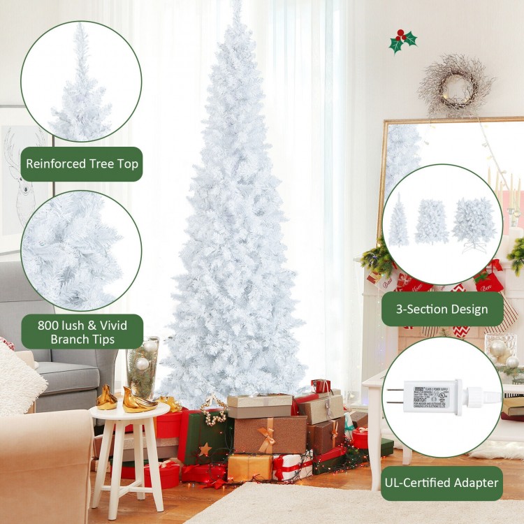 7-foot pre-lit white pencil Christmas tree with 300 LED lights, featuring 800 branch tips and a space-saving design.