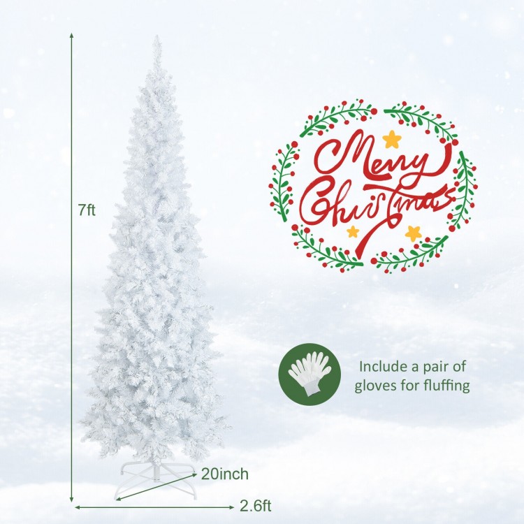 7ft pre-lit white pencil Christmas tree with 300 LED lights, featuring a space-saving design and included gloves for.