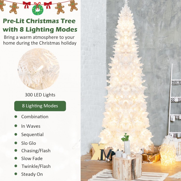 7 feet pre-lit white pencil Christmas tree with 300 LED lights and 8 lighting modes for festive holiday decor.