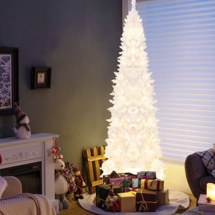 Pre-lit 7 feet white pencil Christmas tree with 300 LED lights, featuring a slender design and 8 lighting modes.