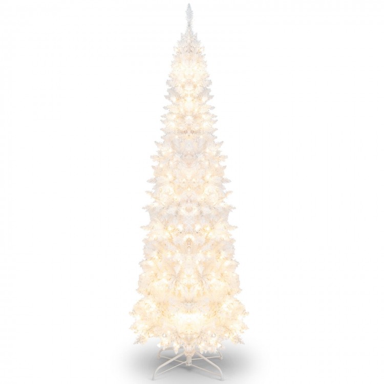 7-foot pre-lit hinged pencil Christmas tree in white with 300 LED lights, featuring 8 flash modes for festive decor.