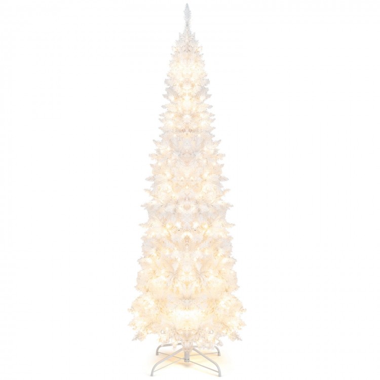 Slender 7-foot pre-lit white pencil Christmas tree showcasing 300 LED lights, perfect for adding winter charm to any.