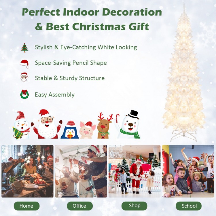 7 feet pre-lit white pencil Christmas tree with 300 LED lights, featuring a space-saving design and easy assembly.